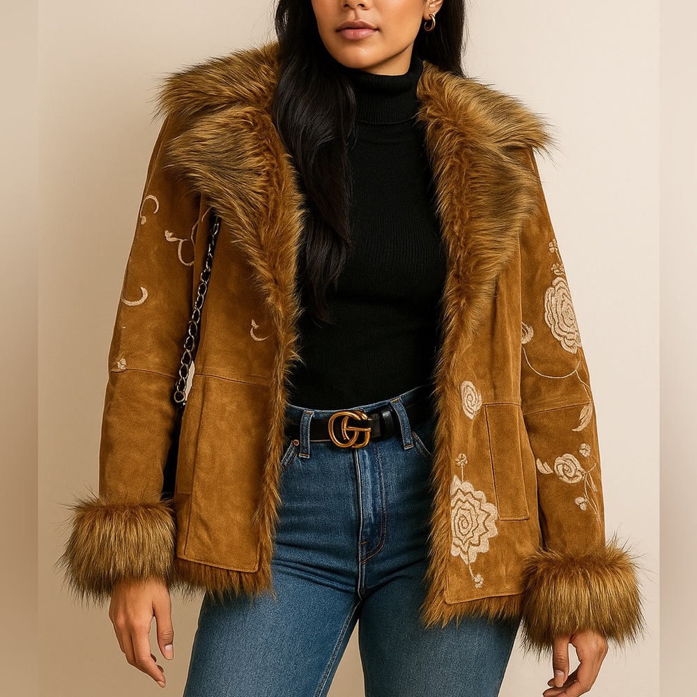 Vintage Penny‎ Lane Fur Trim Embroidered Coat